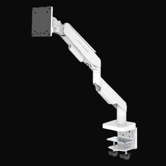 Monitorarm LC-EQ-A49-W Flexx in leicht seitlicher Perspektive auf einem dunklen Hintergrund.